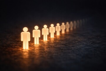 A Line of Illuminated Figures in a Dark Environment, Symbolizing Connection, Unity, and the Essence of Human Interaction Through Light and Shadow