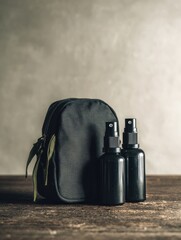 Dark bag and spray bottles sit on weathered wood surface, neutral light