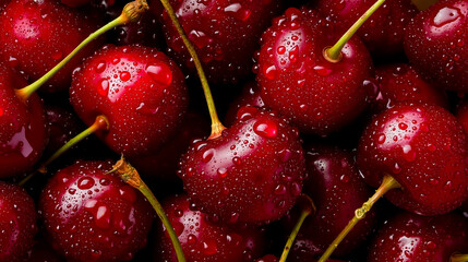 A close-up photograph of a bunch of red cherries with visible water droplets on their surfaces