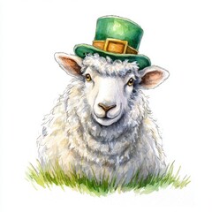Whimsical Sheep in Green Hat Portrait for Holiday Card, Farm, or Greeting Use