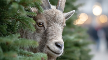 Krampus character peeking from a christmas tree in festive holiday setting