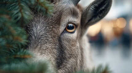 Krampus peeking from behind christmas tree in urban setting