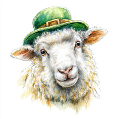St. Patrick's Day celebration with a sheep in a green hat on a white background
