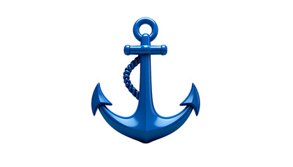 A 3D render of a classic, shiny blue nautical anchor with rope, set against a stark black background