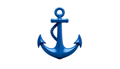 A 3D render of a classic, shiny blue nautical anchor with rope, set against a stark black background