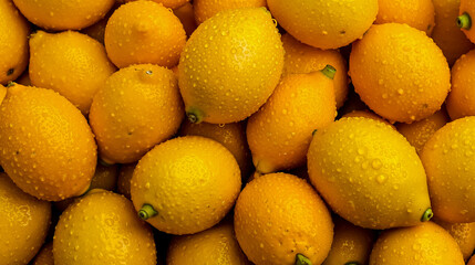 A close-up photograph of a large pile of lemons with visible droplets of water on their surfaces