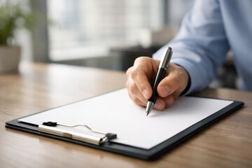 A Close-Up of a Hand Writing on a Blank Sheet of Paper with a Pen, Showcasing the Art of Note-Taking in a Minimalist Office Setting