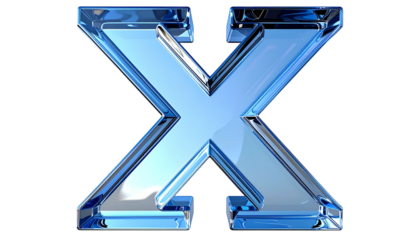 A 3D render of a glassy, light-blue letter "X", with a sharp, reflective quality against a solid black backdrop