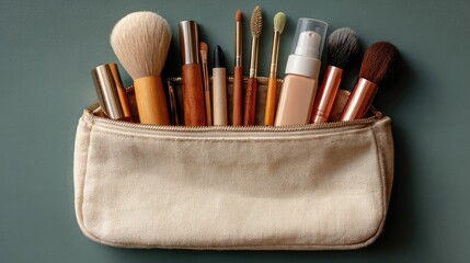 Makeup brushes and bottle in a cream pouch, teal background