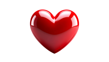 A 3D render of a glossy, deep red heart, floating against a stark black background. The heart has highlighted areas