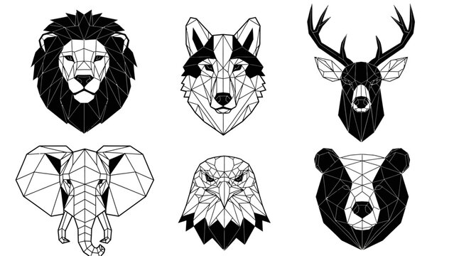 Geometric animal portraits lion wolf deer elephant eagle bear vector illustration