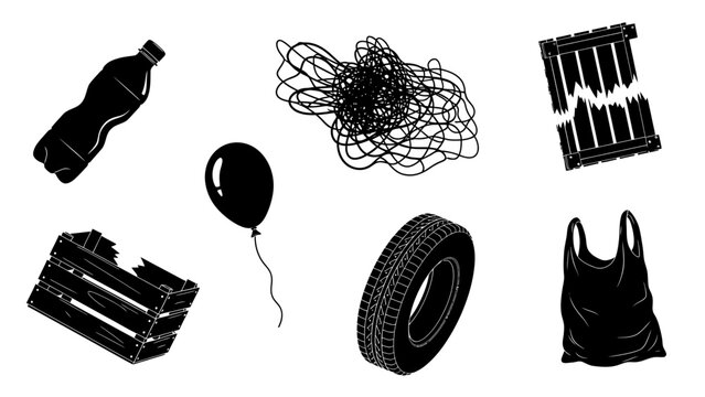 Black and white waste icons bottle balloon tire boxes bag thread isolated
