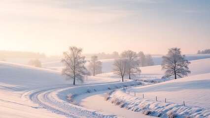 Snowy rural landscape with a winding road and trees on a frosty morning at sunrise or sunset with snowy landscape and winter scene and snow covered hills