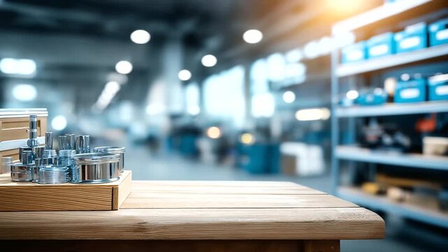 Empty wooden counter foreground with blurred automotive parts shop interior defocused shelves background filled with components tools boxes clean organized retail space