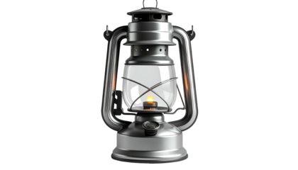 A 3D render of a silver, vintage-style lantern with a transparent glass chimney. It features a lit candle inside against a pure black background