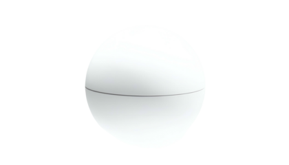 A 3D render of a smooth, white sphere against a stark black background. A thin grey line circles the middle