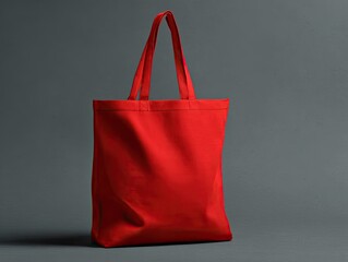 Bright red tote bag with long handles on gray backdrop, angled view