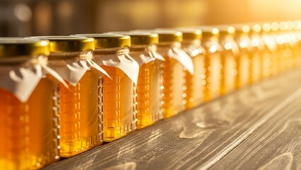 Golden honey jars arranged on wooden surface in morning light