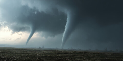 Obraz premium Two powerful tornadoes ravaging across a desolate landscape, a breathtaking display of nature's raw power 