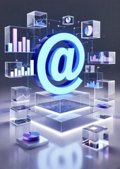 Glowing email symbol with floating digital data charts
