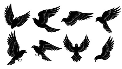 Obraz premium Black bird silhouettes in flight against white background vector illustration