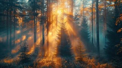 Obraz premium Cinematic Foggy Forest Environment with Sunrays Creating Natural Light Beams
