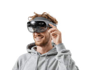 Virtual reality experience urban technology space user interaction, isolated on transparent background, png