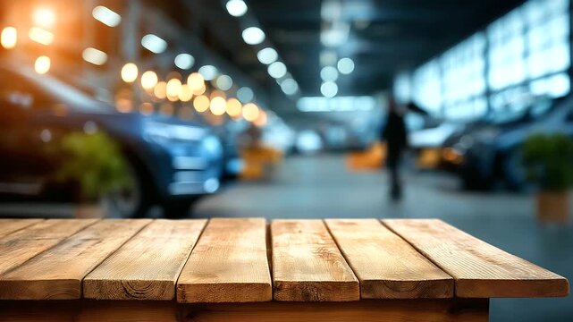 Empty wooden workbench in automotive repair facility defocused blurred shop background workspace preparation scene maintenance environment display service area visualization