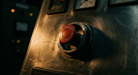 Red Industrial Emergency Stop Button on Metal Control Panel