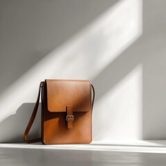 Leather messenger bag cast in sunlight, simple, against a neutral wall