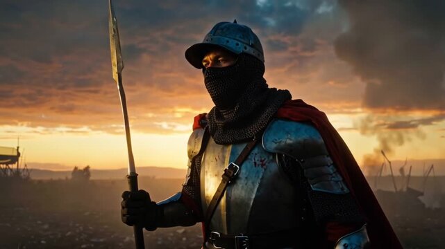 knight stands atop a hill, spear planted ground. massive, bloody sunset rolling fog silhouetted war remnants. camera slowly rotates reflection of the sunset mask intensity gaze. Wind flutters tattered