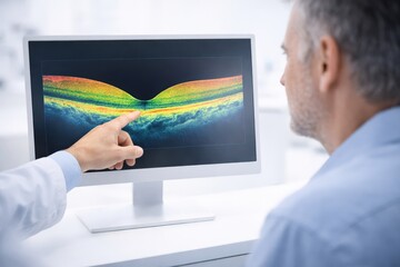 A Doctor Analyzing an Ocular Imaging Scan on a Computer Display While a Patient Observes, Focusing on Eye Health and Diagnostic Techniques