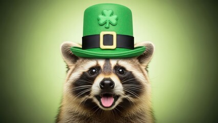 A raccoon wears a green hat with a shamrock for good luck charm.
