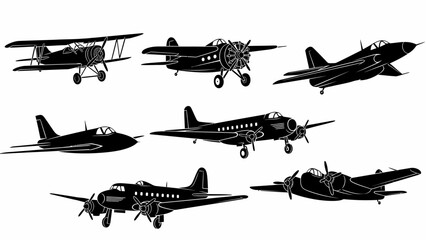 Collection of vintage airplane silhouettes in black on a white background © @_ greta