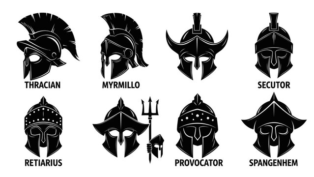 Black and white gladiator helmet set illustrations for design and backgrounds