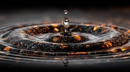 Water Droplet Impact Creating Ripples on a Dark Surface with Flecks of Color.