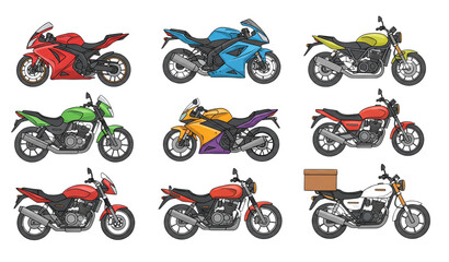 Obraz premium Cartoon motorbike set with colorful motorcycles for sport and urban transportation vector isolated on transparent background