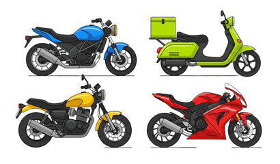 Obraz premium Modern cartoon motorbike vector set for urban transport and delivery isolated on transparent background