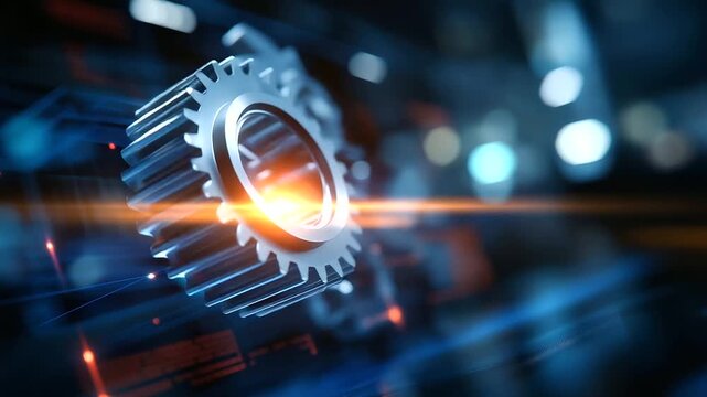 Technology workflow concept on blue backdrop defocused digital background process automation visualization system integration scene technological advancement display with copy