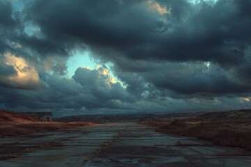 Ominous clouds loom over a desolate road and barren landscape