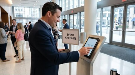 Smiling Businessman Using Digital Self-Check-in Kiosk for Event Registration at a Modern Conference or Corporate Gathering