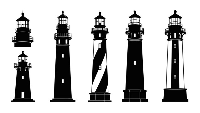 Black and white lighthouse silhouettes set coastal navigation imagery