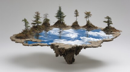 Floating Island Landscape with Miniature Trees and Water Reflection.