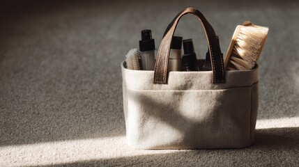 Tote bag holds brushes, bottles on textured rug in sunlit spot