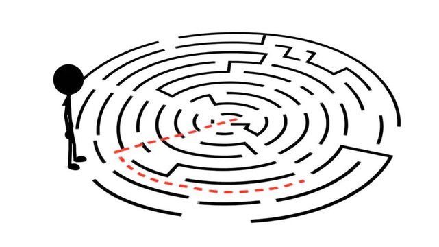 Stick figure character attempting to solve a complex circular maze with a red dotted line indicating a path.