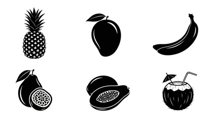 Black and white tropical fruit silhouettes with pineapple mango banana coconut