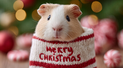Festive guinea pig in holiday stocking with merry christmas lettering surrounded by candy