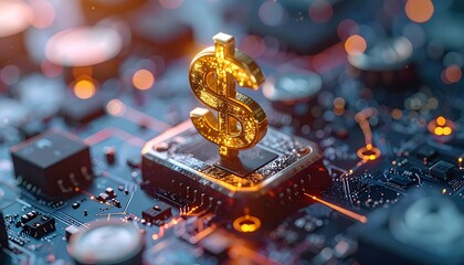 A golden currency symbol rests atop a motherboard circuit, glowing with vibrant light, suggesting finance and technology fusion