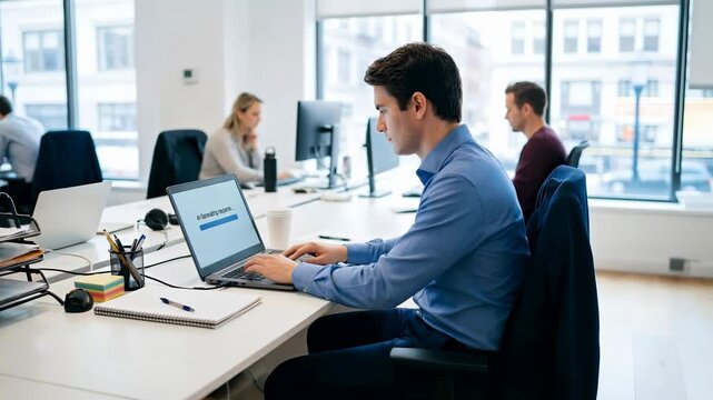 Man using laptop with AI generated text on screen in modern office, business automation and digital transformation concept.