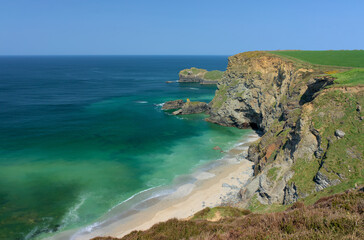 Beautiful sunny day on dramtic cliffs at Basset Cove near Portreath Cornwall England